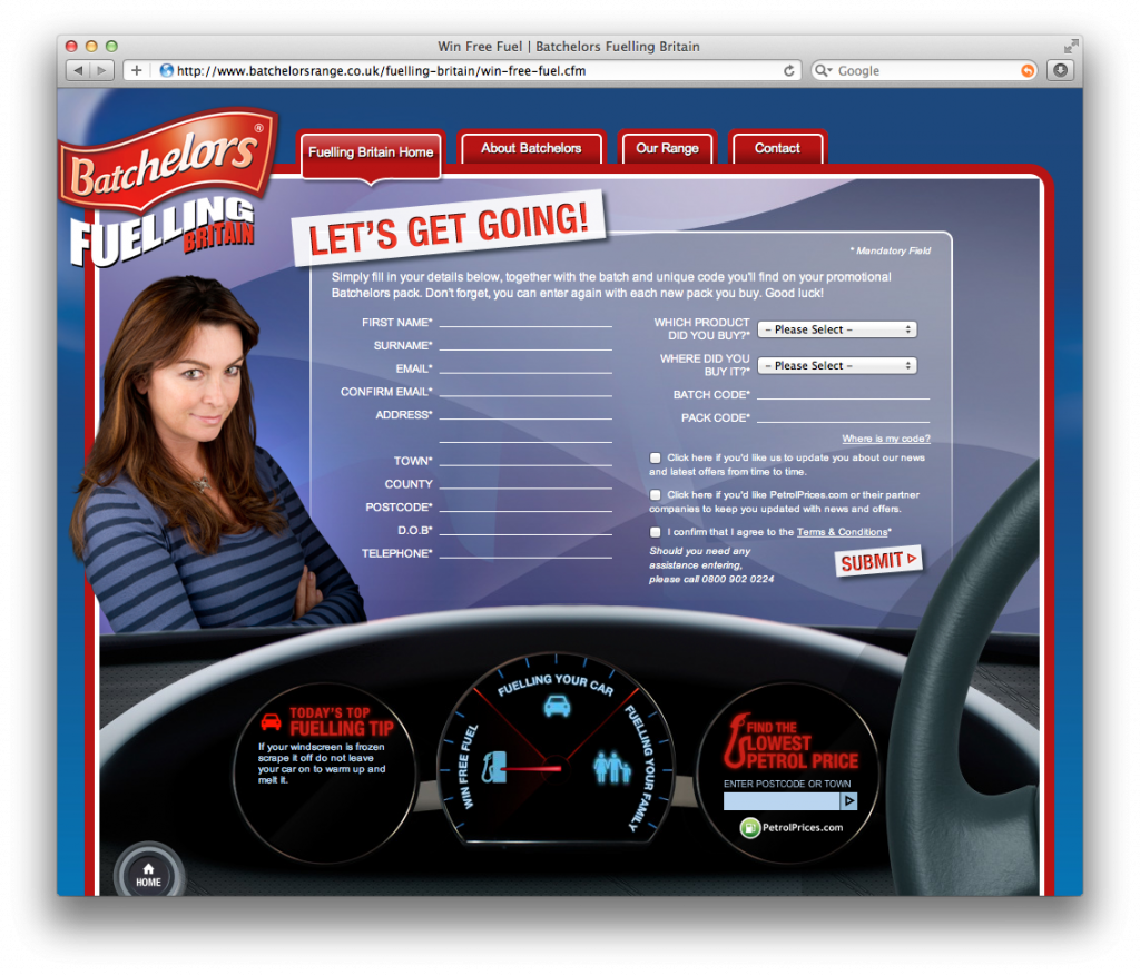 Batchelor's Free Fuel Web Page - desktop browser